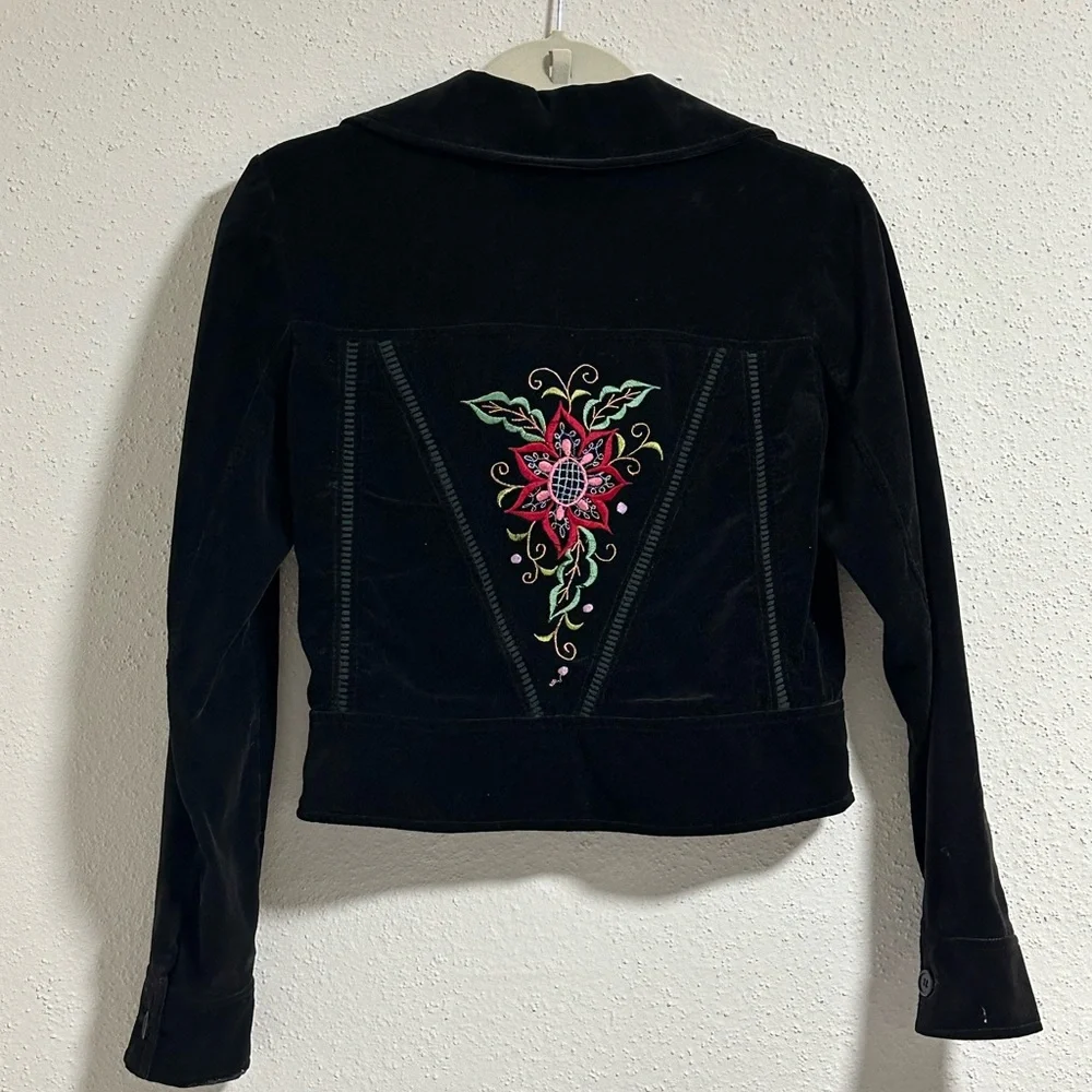Vintage velvet black jacket and pants size youth 8 Pink and green embroidery.